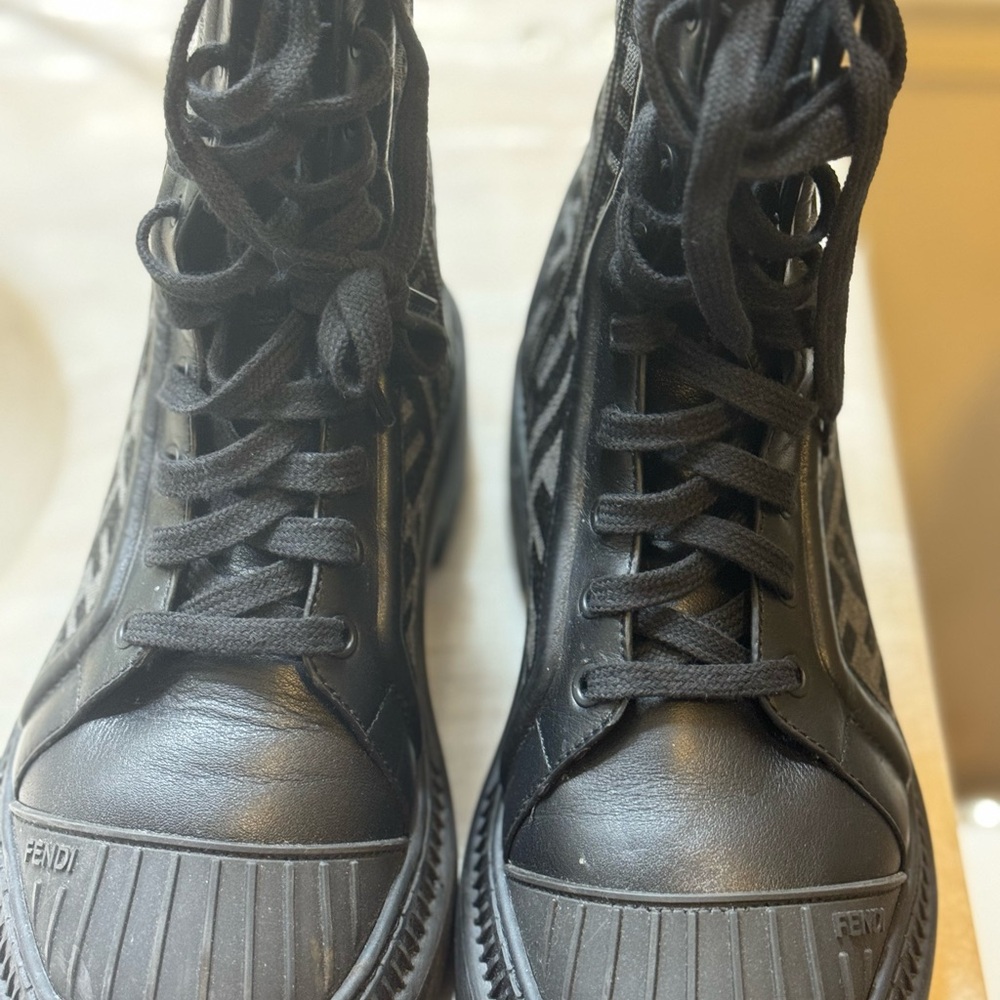 Fendi FF Monogram Combat Boots Lug Sole Black Leather Canvas EU 40